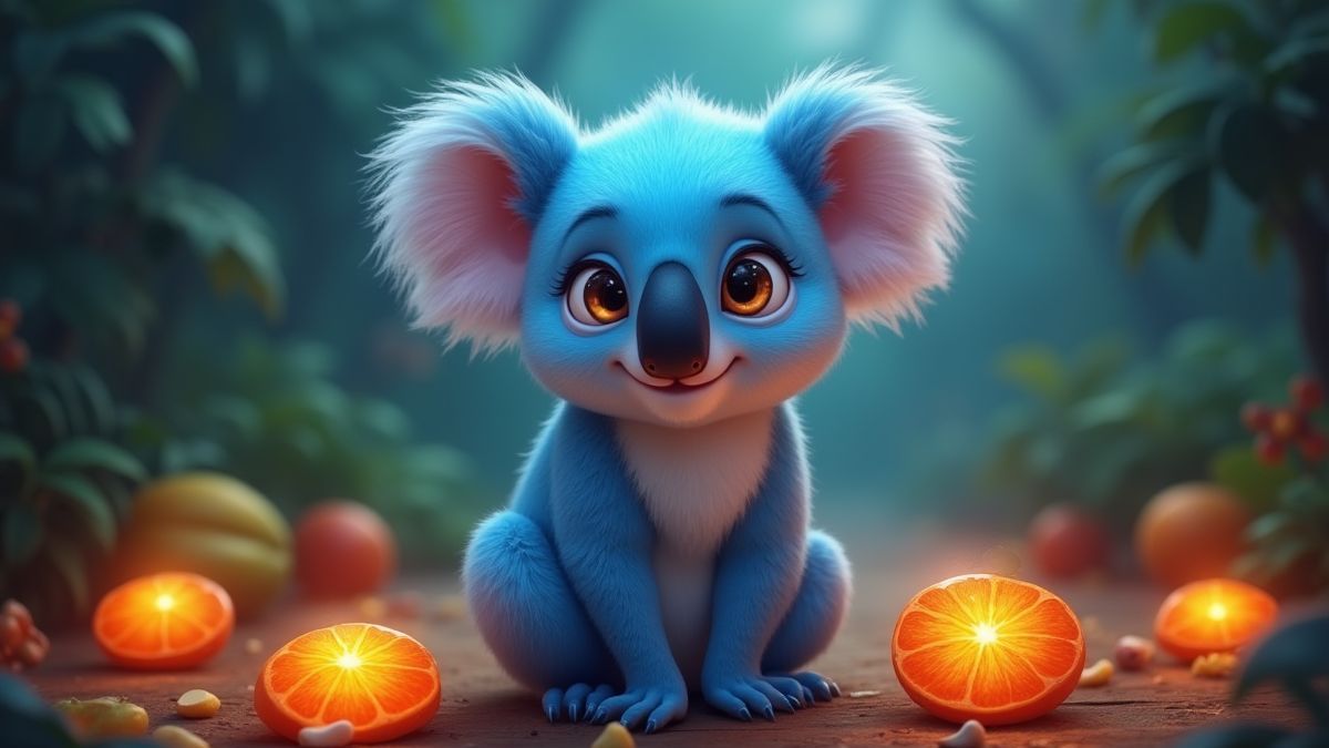 Un koala azul animado entre frutas tropicales.