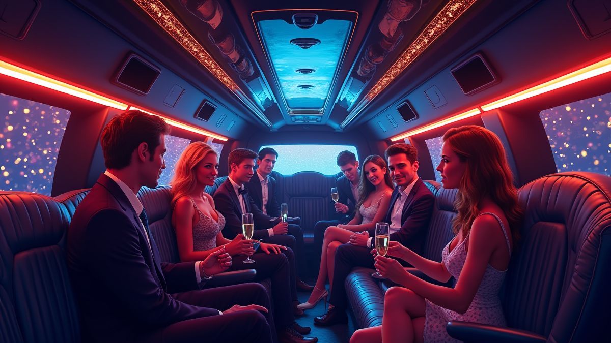Scène de fête à l'intérieur d'une limousine de luxe