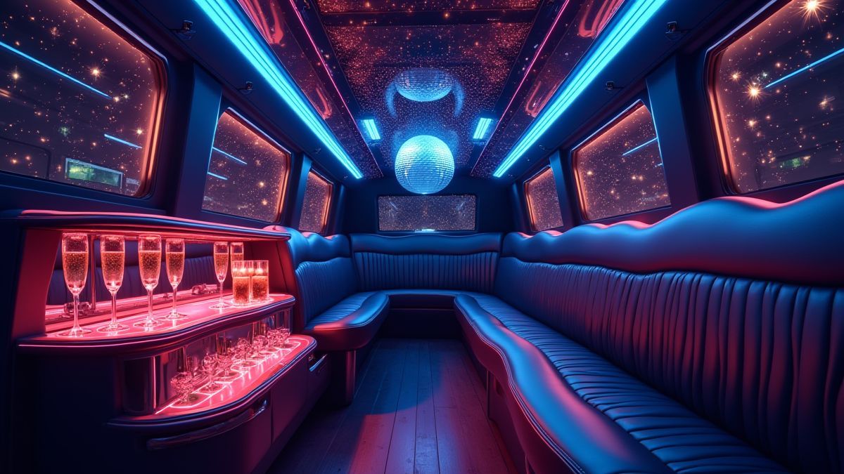 Intérieur d'une limousine avec lumières disco et champagne