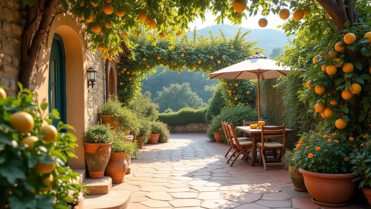 Una terraza mediterránea con limones y flores frescas.