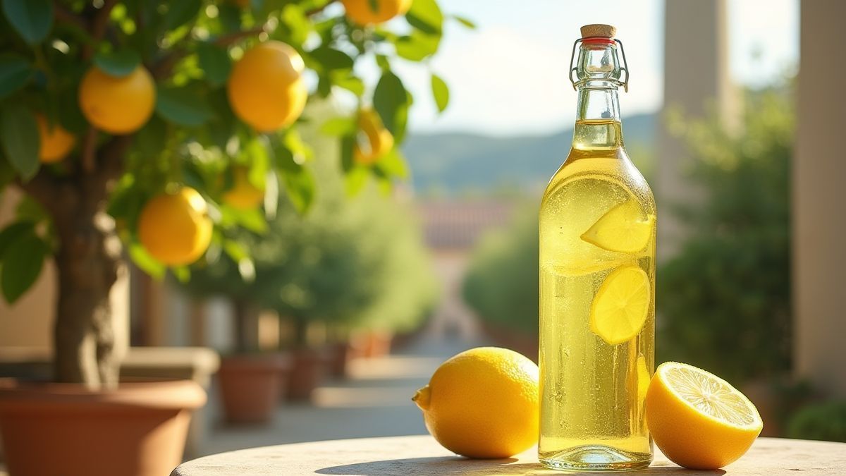 Un paisaje mediterráneo con limoneros y un vaso de limoncello.