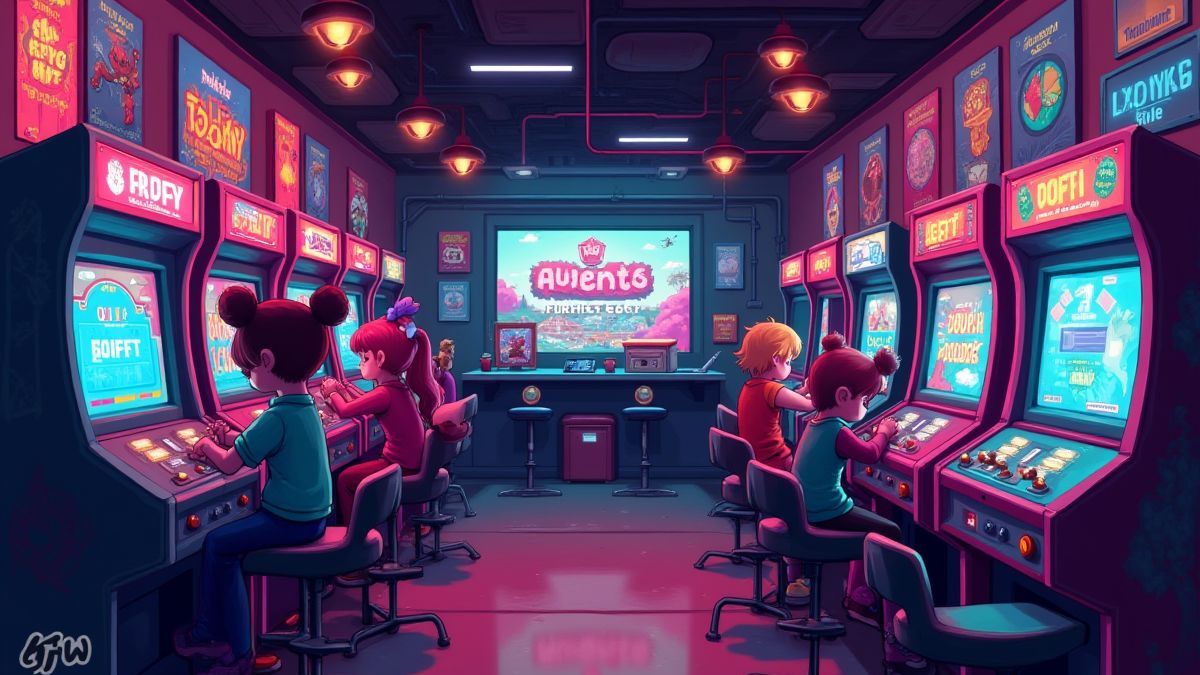 Ein Arcade beleuchtet mit Neonlichtern und pixelierten Charakteren, die spielen.