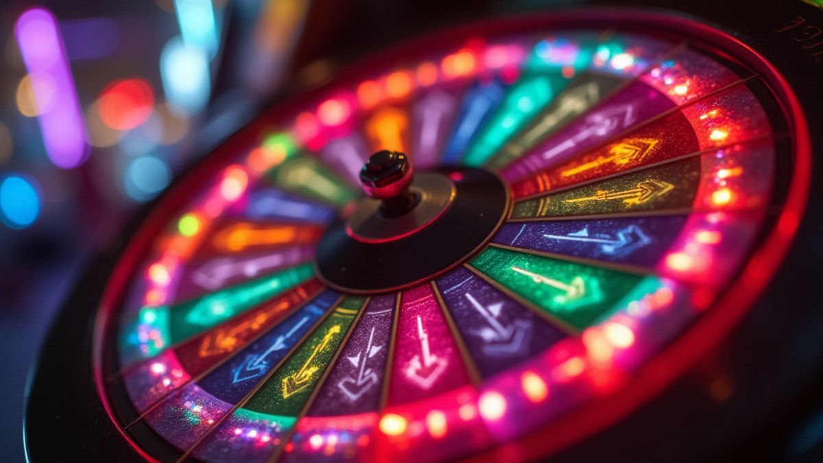 Ein drehendes Rad mit leuchtenden Pfeilen und Multiplikatoren in einer Retro-Umgebung.