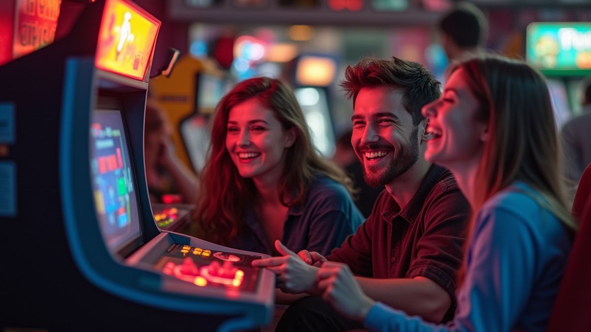 Eine Gruppe von Freunden, die in einem Retro-Arcade Spiele spielen und zusammen lachen.