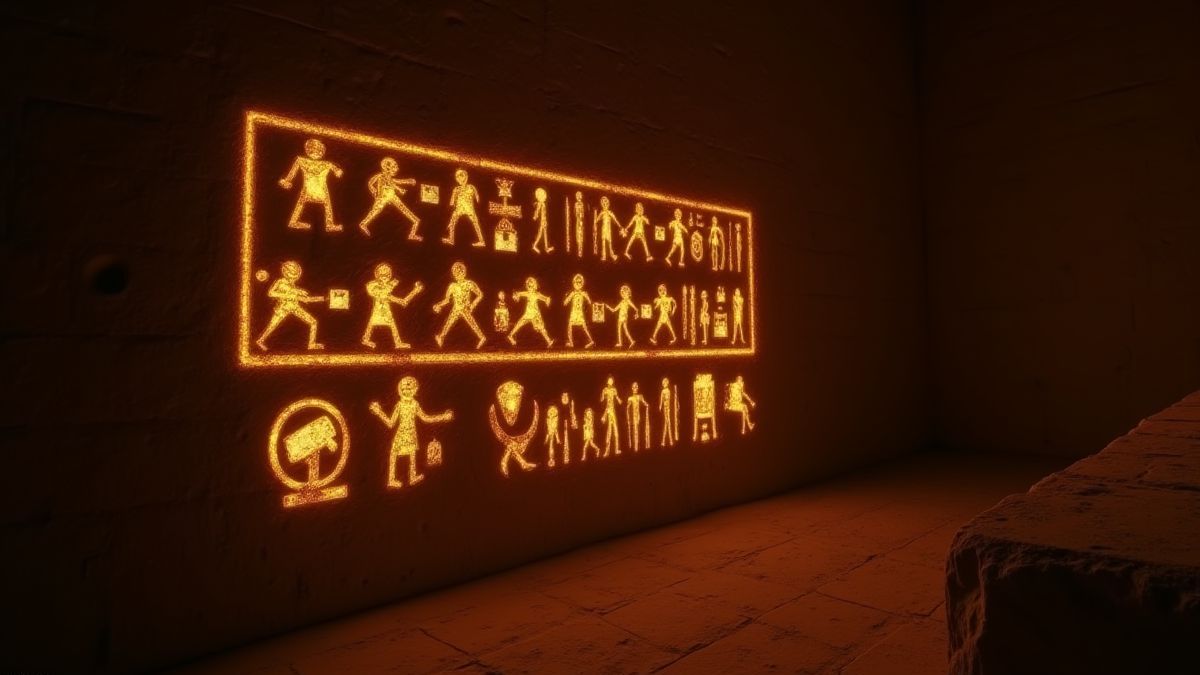 Hiéroglyphes brillants dans un temple égyptien.