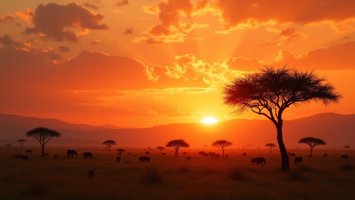 Atardecer na savana africana com árvores de acácia e fauna.