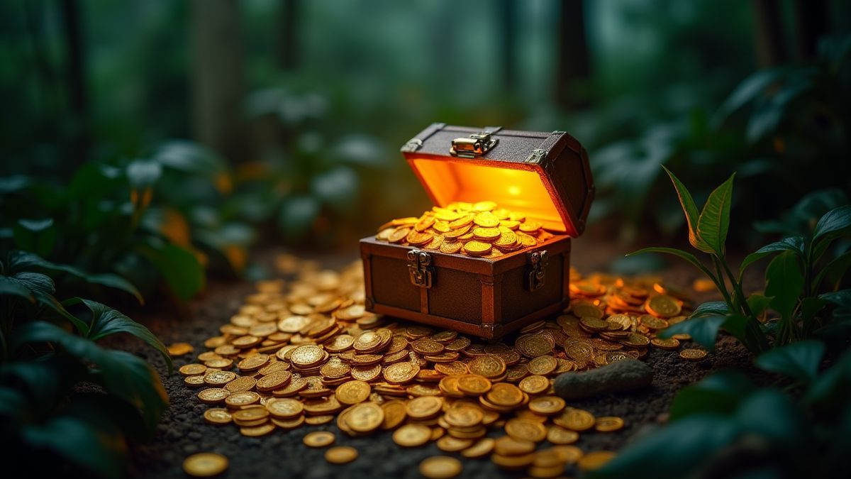 Cofre do tesouro brilhante rodeado de moedas de ouro em uma selva.