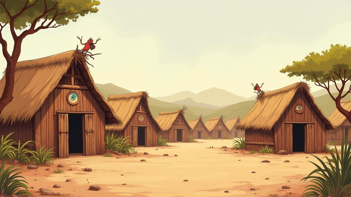 Aldea tribal africana con cabañas y decoración tradicional