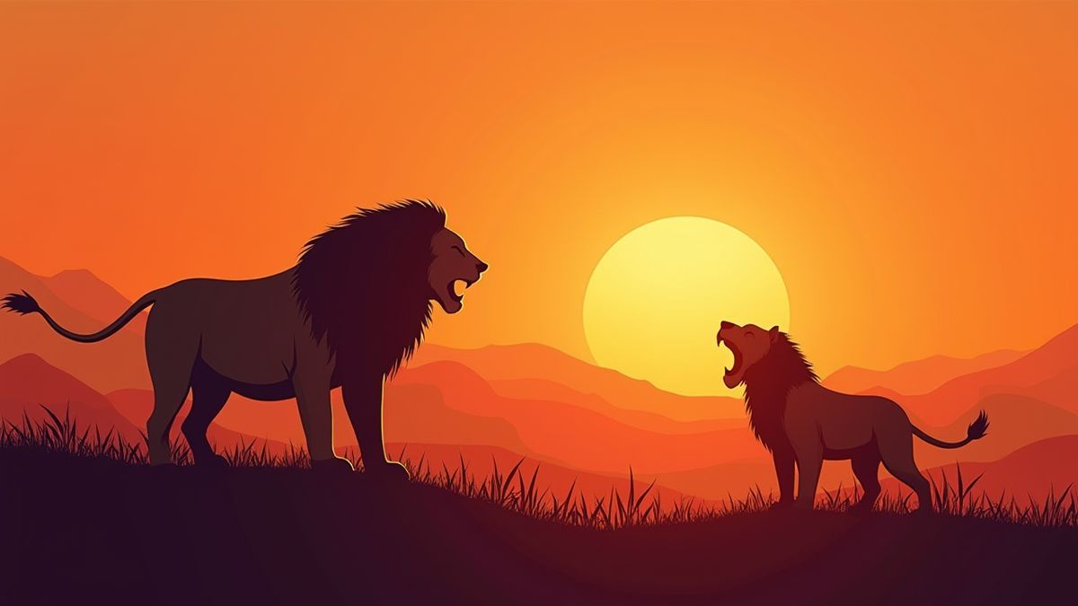 Leones rugiendo en un paisaje al atardecer