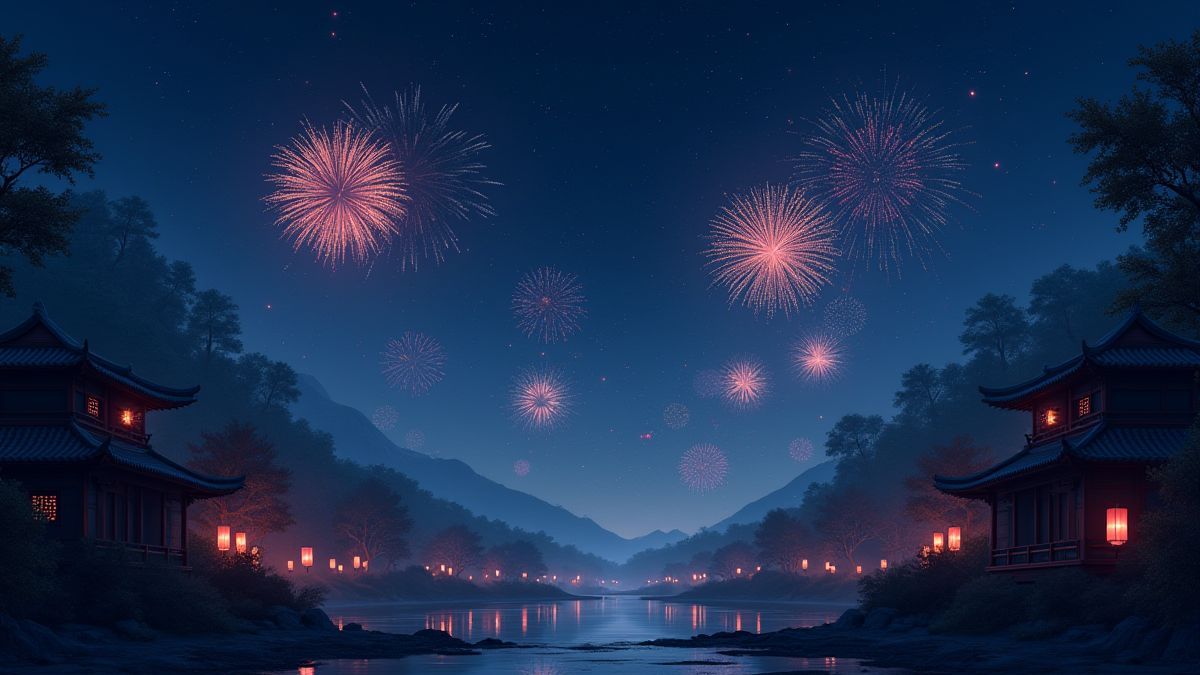 Cielo nocturno con fuegos artificiales y linternas en un paisaje asiático.