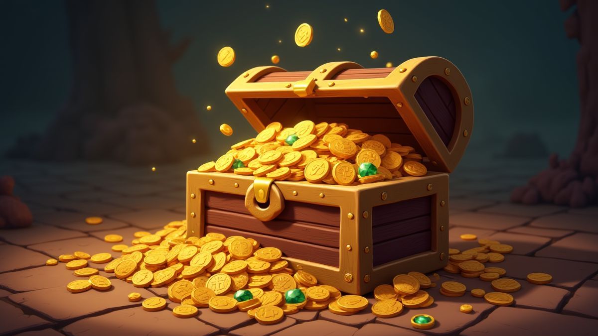 Cofre del tesoro lleno de monedas doradas y gemas brillantes.