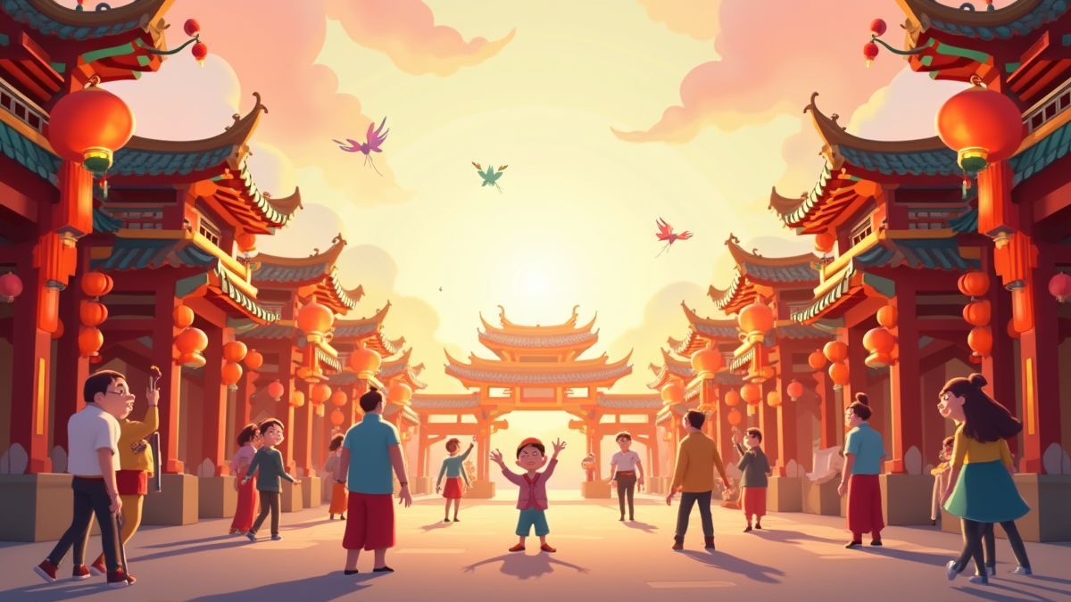 Traditionelles chinesisches Festival mit bunten Dekorationen und lebhaften Darstellern.