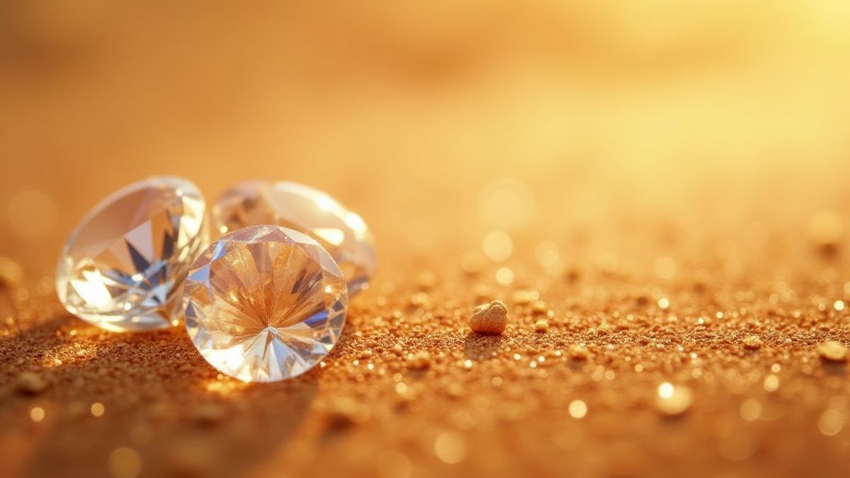 Diamantes brilhantes sobre um fundo de deserto dourado.
