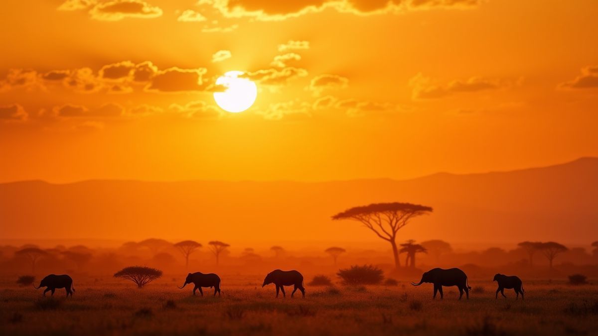 Golden landscape of the African savanna at sunset.