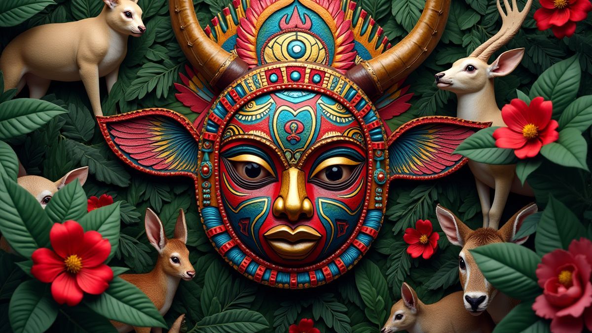 Tribal mask surrounded by African fauna.