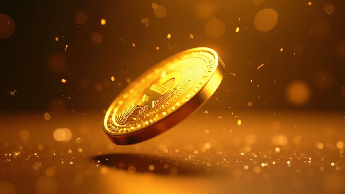 Moeda dourada girando com efeitos brilhantes.