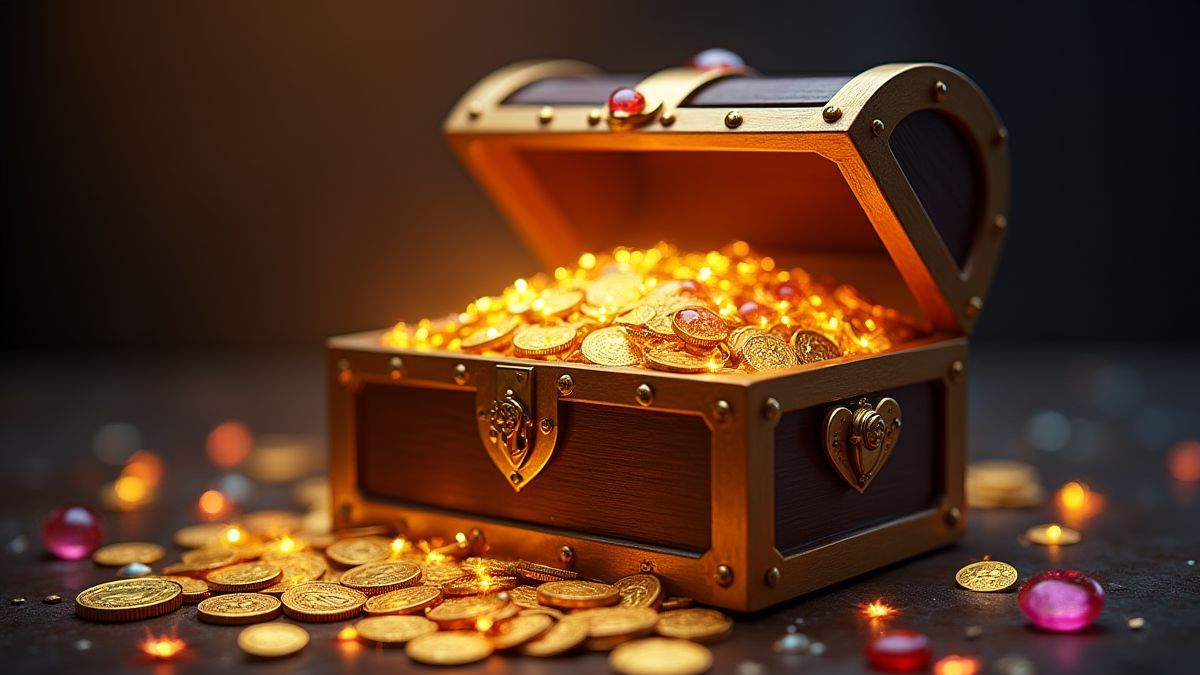 Cofre do tesouro cheio de moedas de ouro e joias.