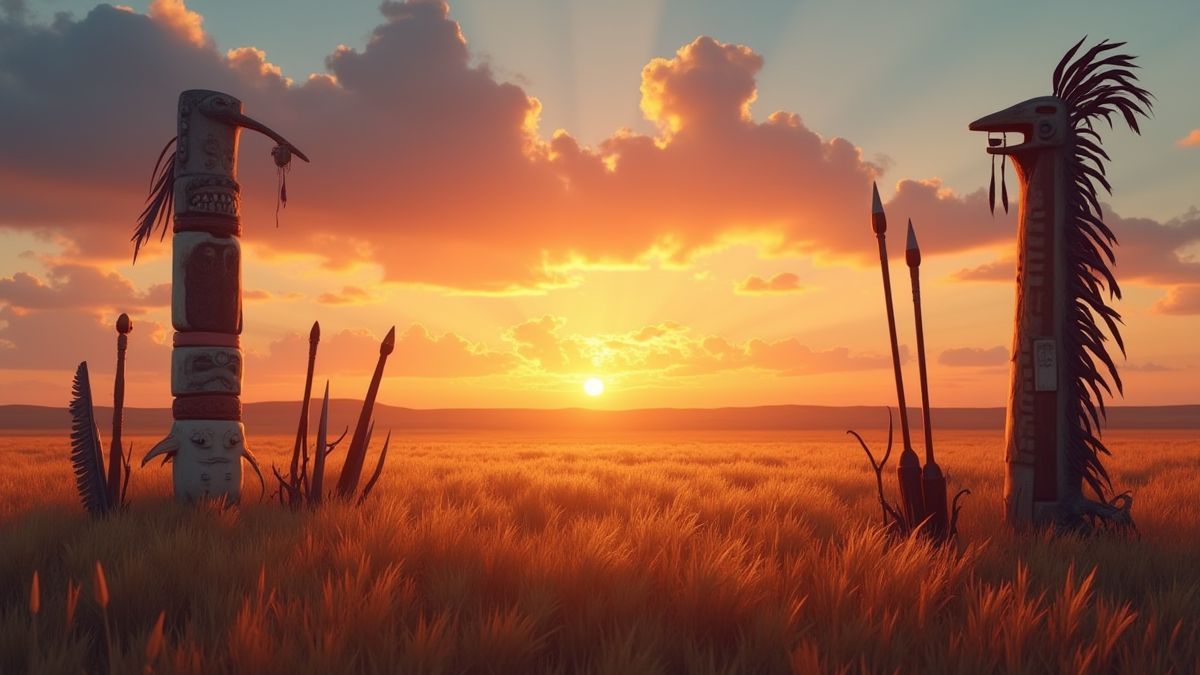 Uitzicht op een prairie bij zonsondergang met inheemse culturele elementen.