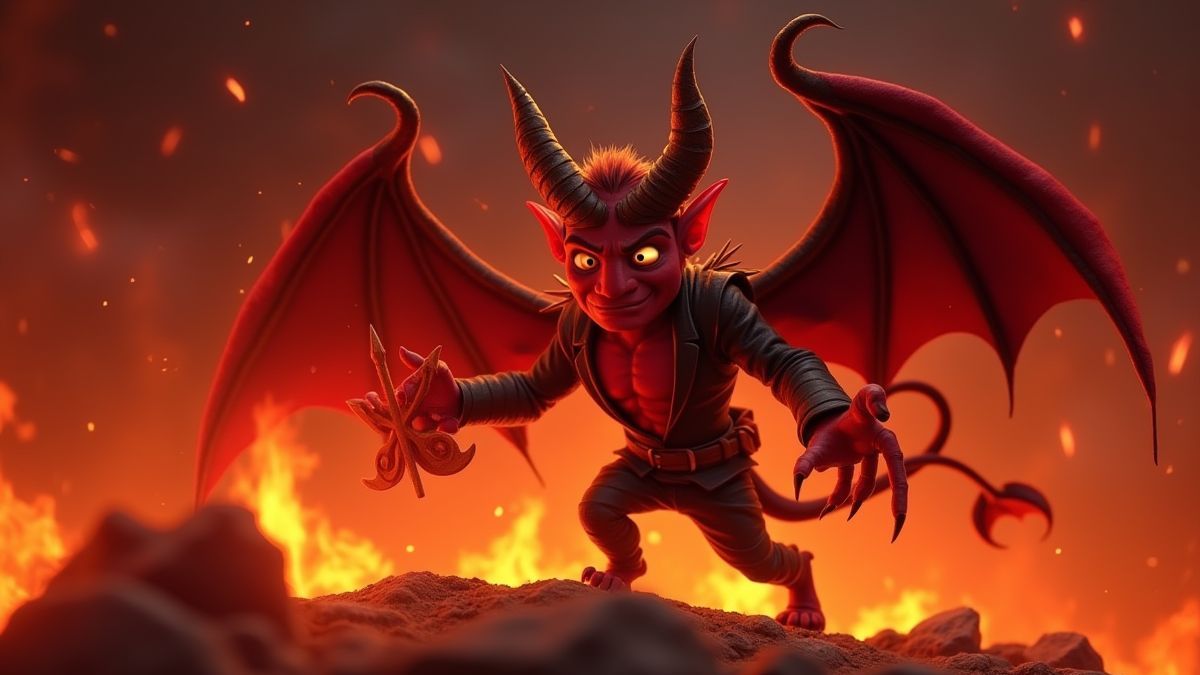 Un diablillo animado girando carretes en un entorno infernal.