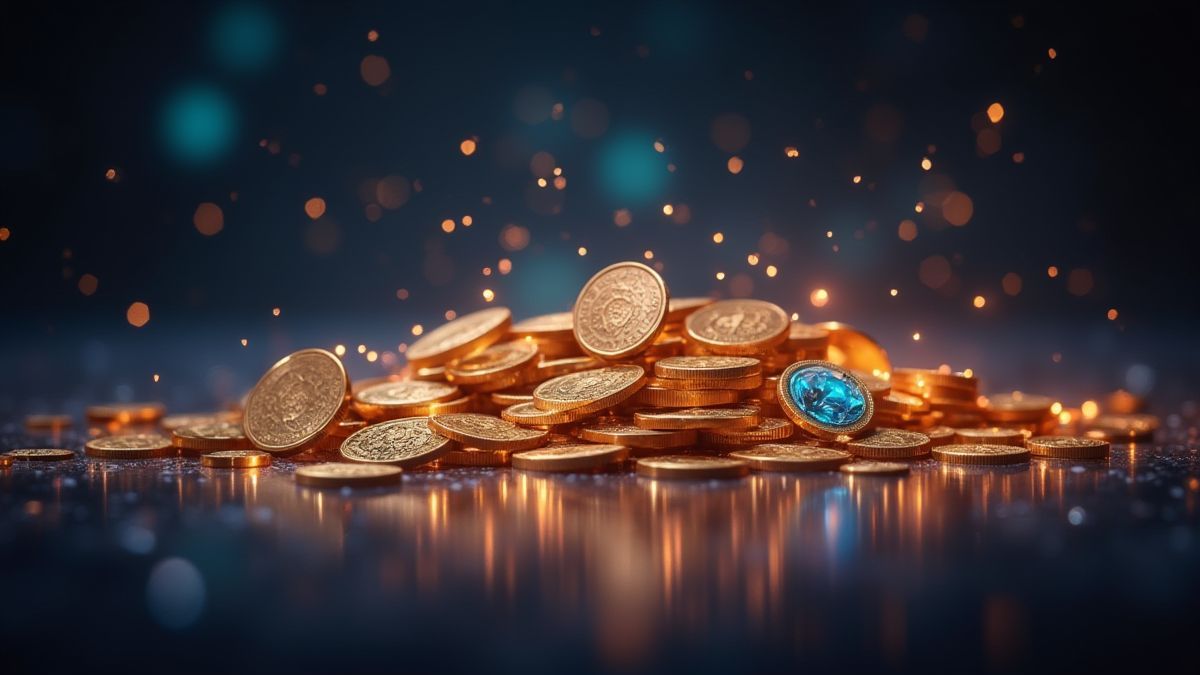 Monedas y diamantes en un ambiente místico
