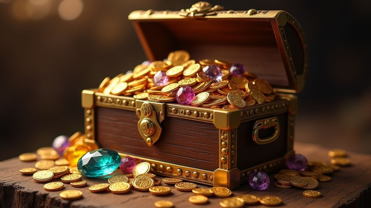 Cofre del tesoro lleno de gemas y monedas