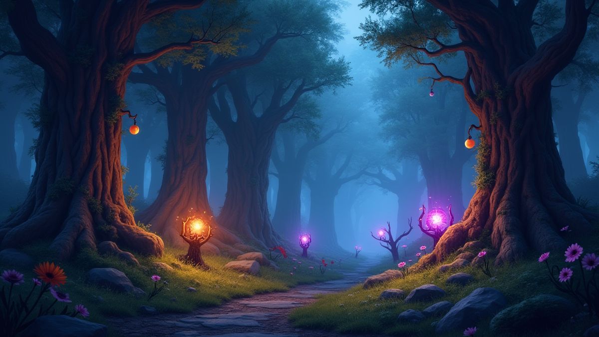 Een magisch bos met gloeiende bomen en kleurrijke goblins.