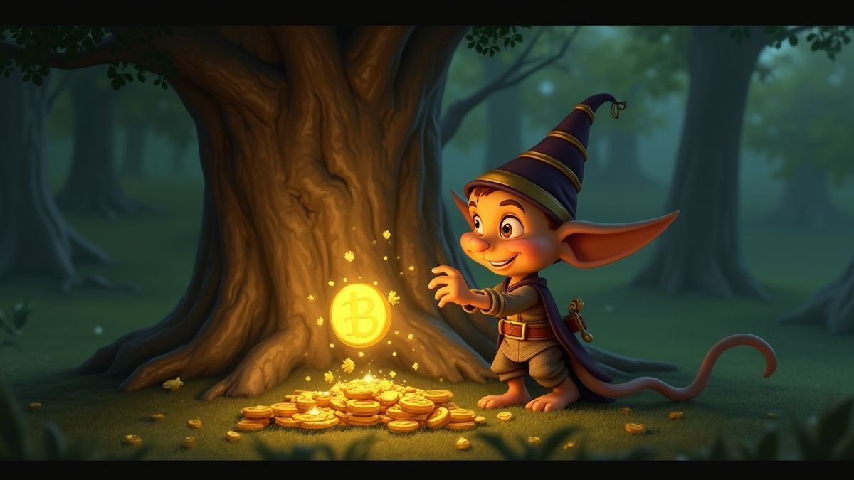 Een geanimeerde goblin met een gouden munt onder een gloeiende boom.
