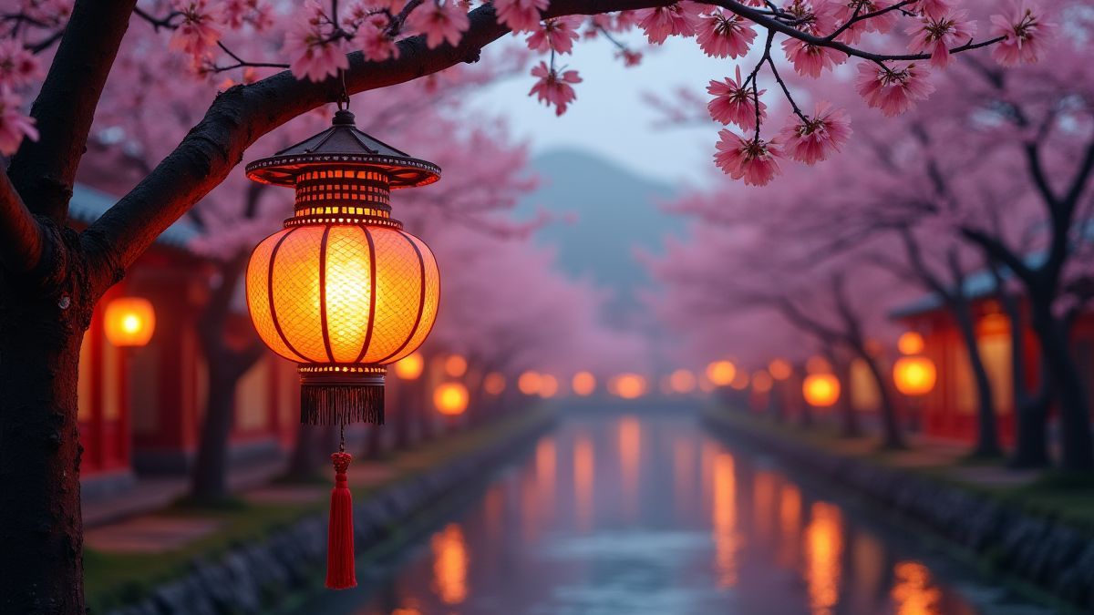 Glowing lantern in an Asian village with cherry trees