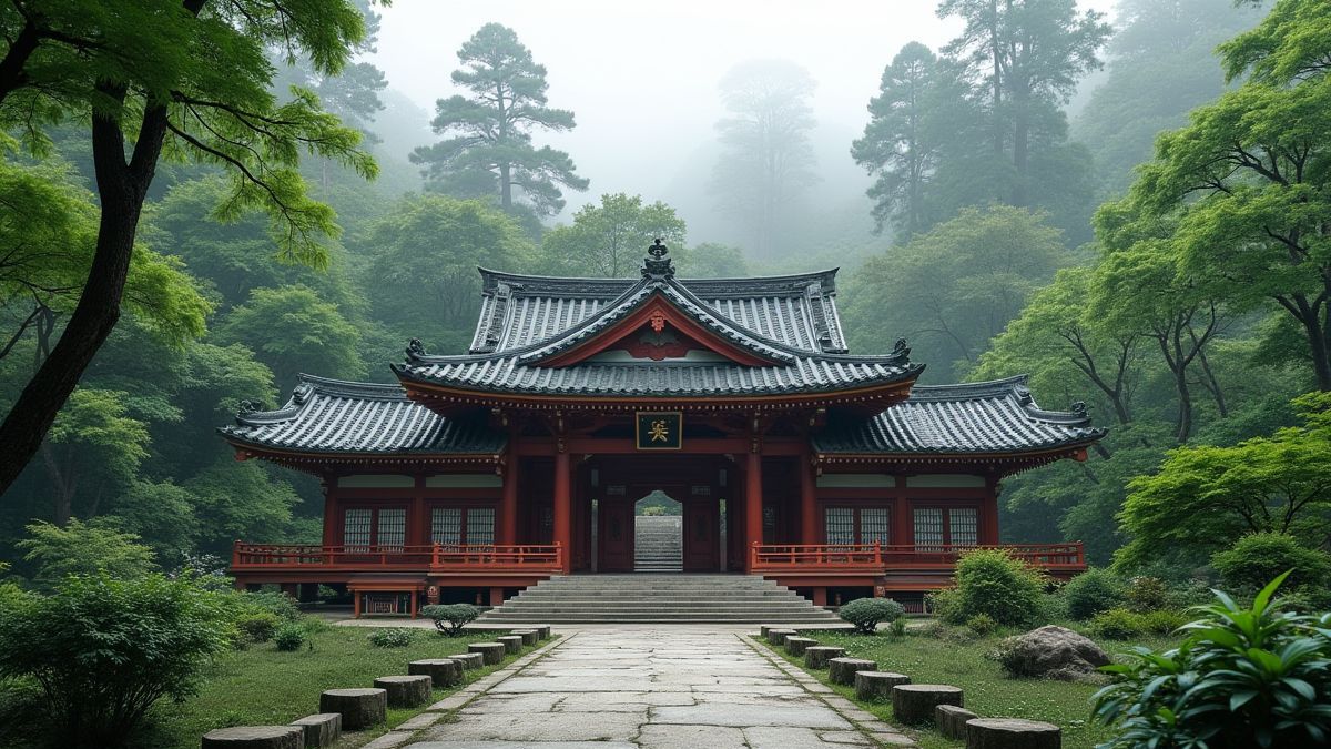 Asian temple surrounded by nature