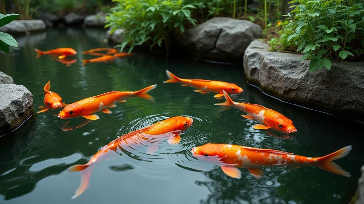 Asian garden with koi fish in a pond