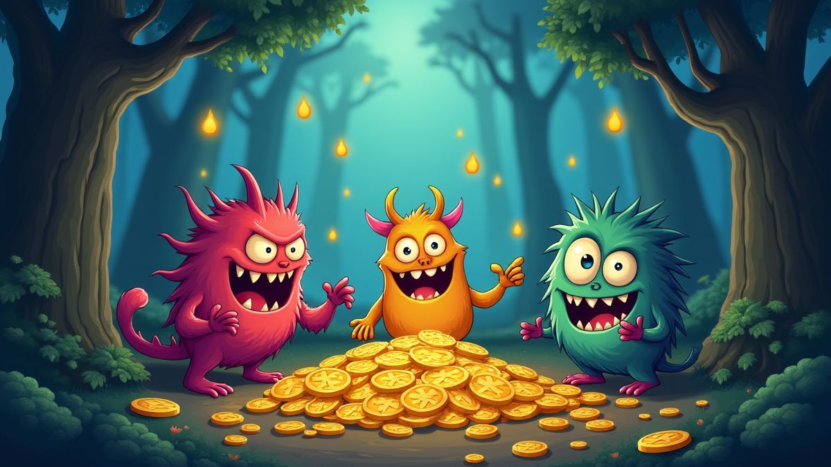 Monsters playing with gold coins in an enchanted forest.