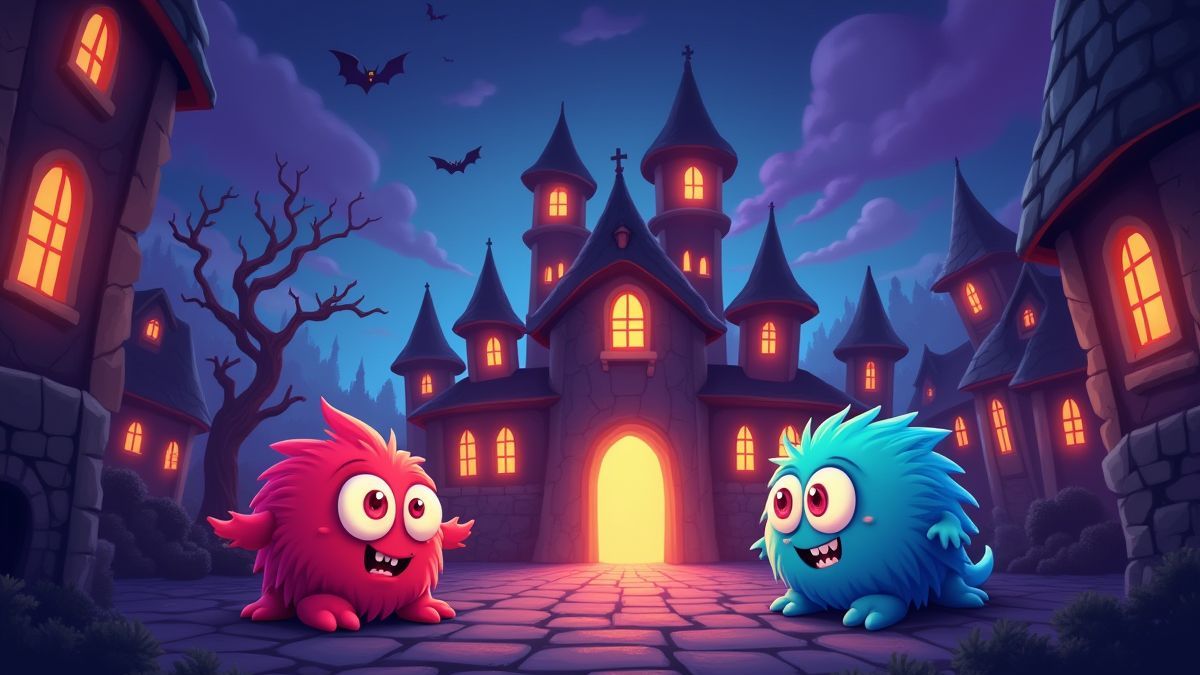 Charming monsters in a haunted castle full of lights.