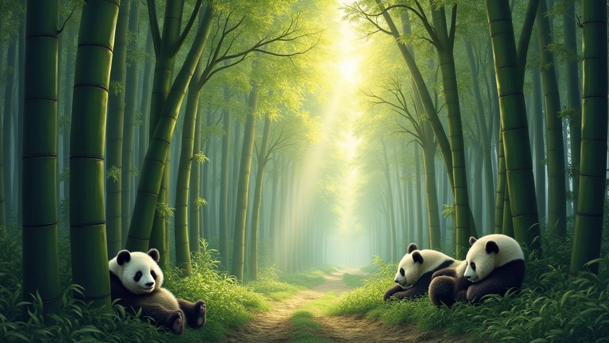 Pandas exploring a bamboo forest