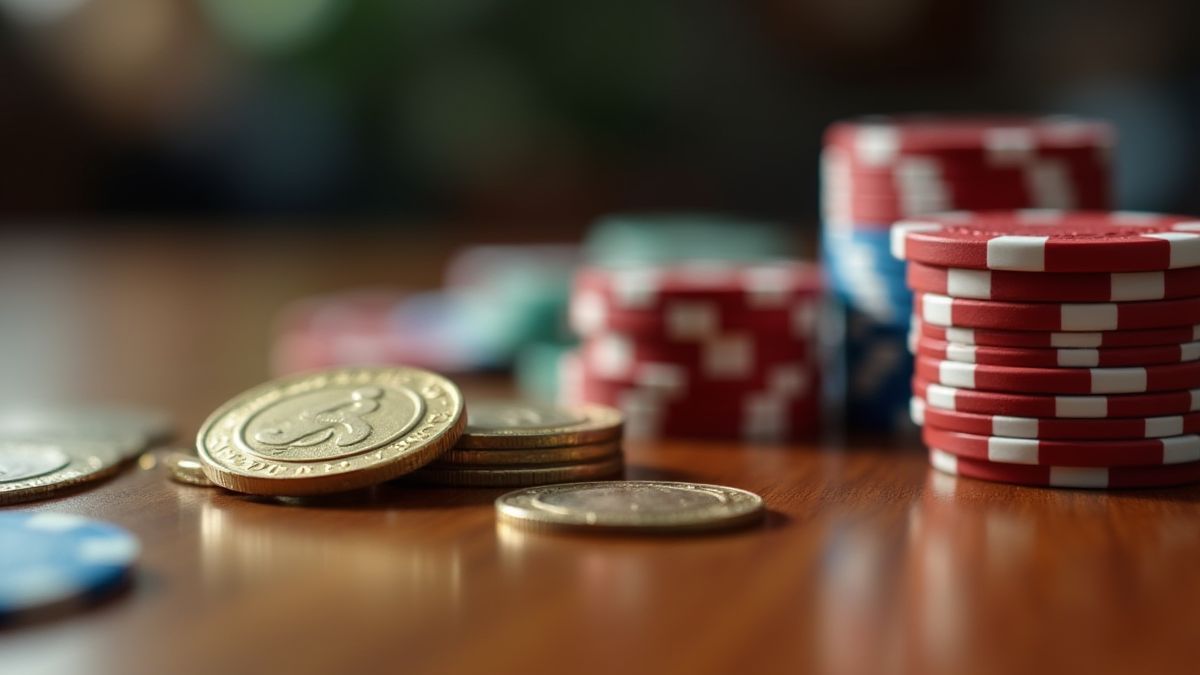 Casino chips and coins on a table