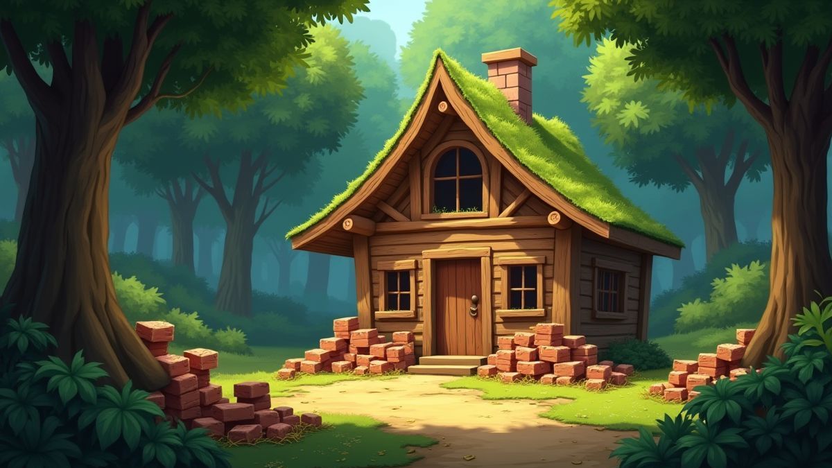 Un bosque mágico con materiales de construcción y una casita acogedora.