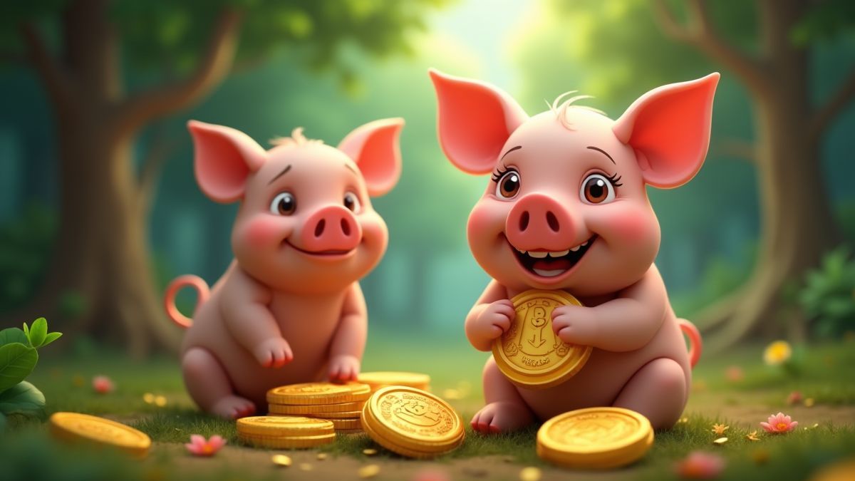 Un cerdito feliz sosteniendo monedas en un bosque mágico.