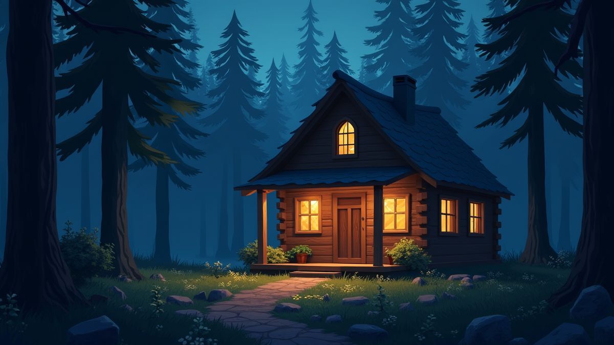 Gezellige cabin omringd door een donker, magisch bos.
