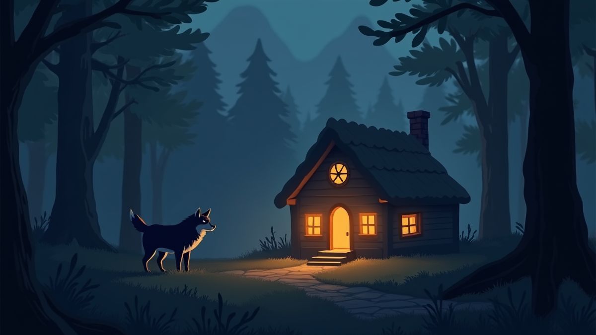 Geanimeerde wolf nabij een verlichte cabin in het bos.