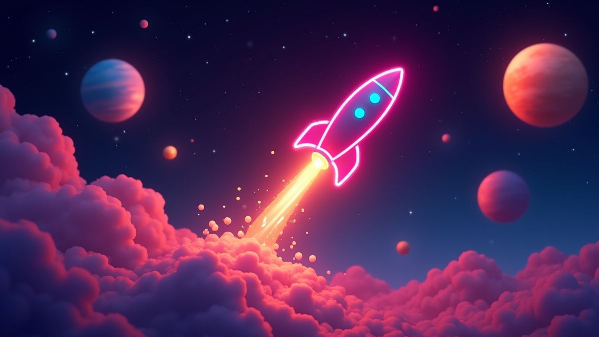 Cohete de neón lanzándose al espacio rodeado de planetas brillantes.
