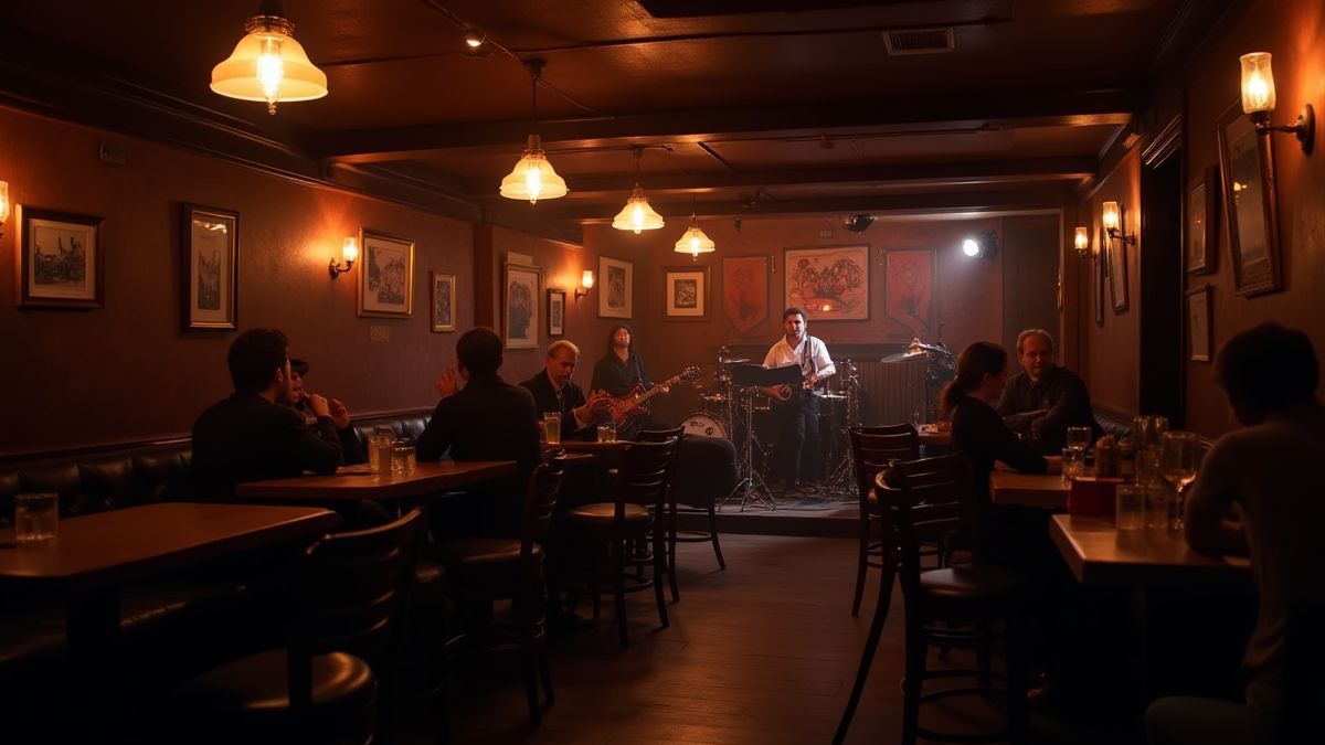 Interior de un club de jazz acogedor con músicos en el escenario.