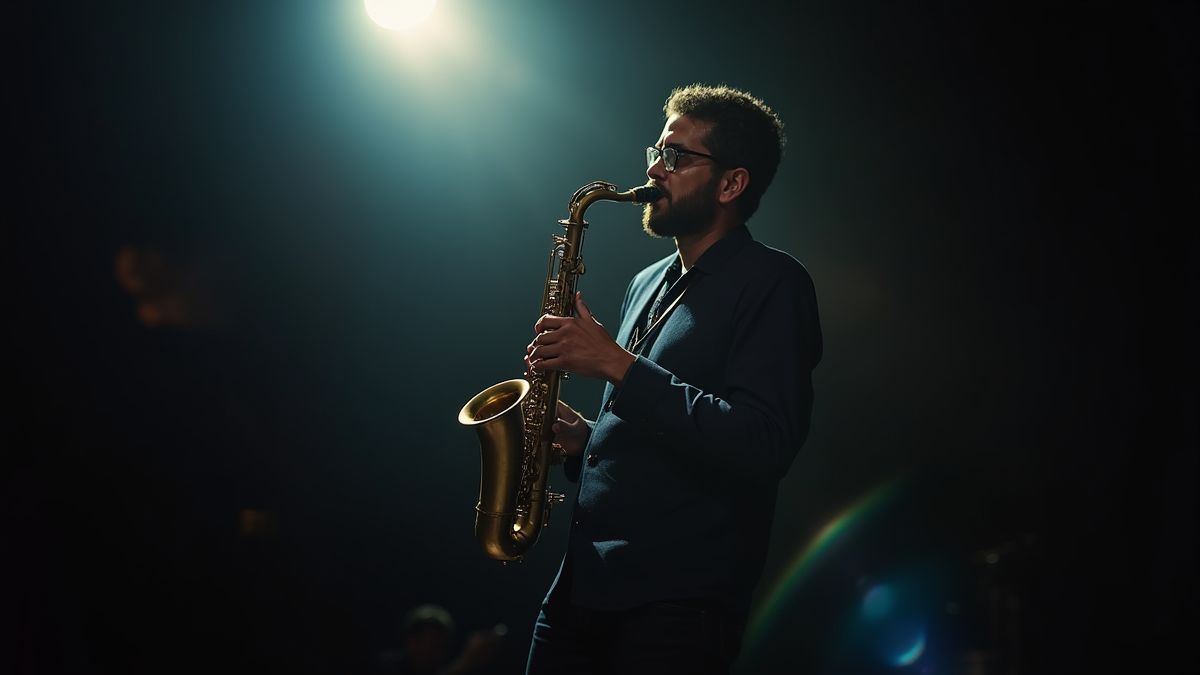 Un músico de jazz tocando el saxofón bajo un foco.