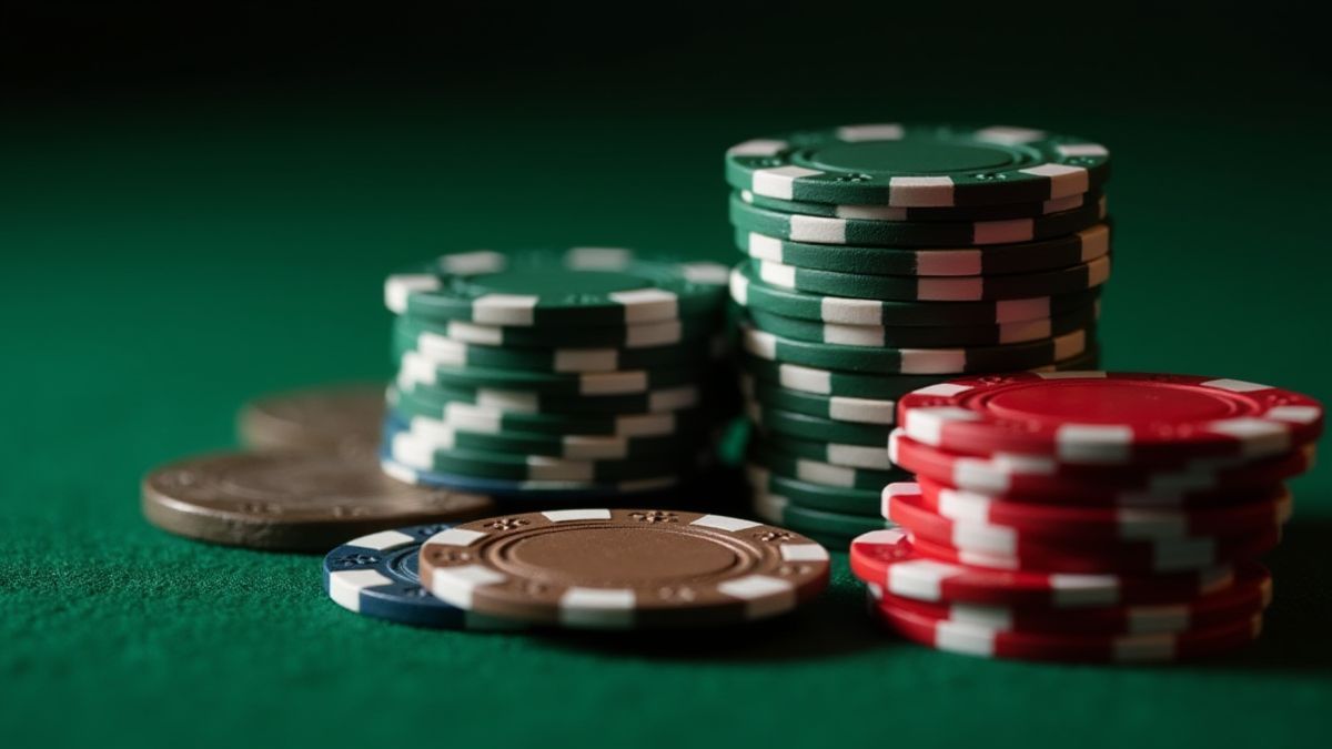 Fiches van roulette netjes gestapeld naast een groene fluwelen roulettetafel.