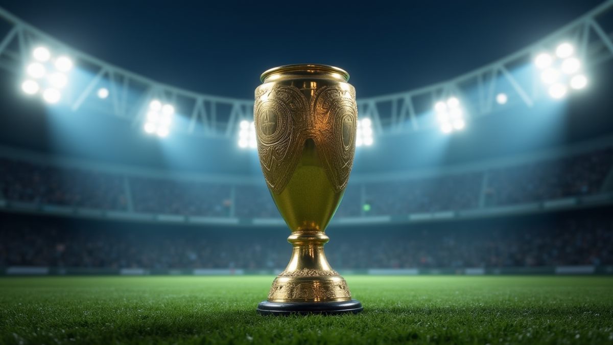 Voetbaltrofee onder stadionlichten.