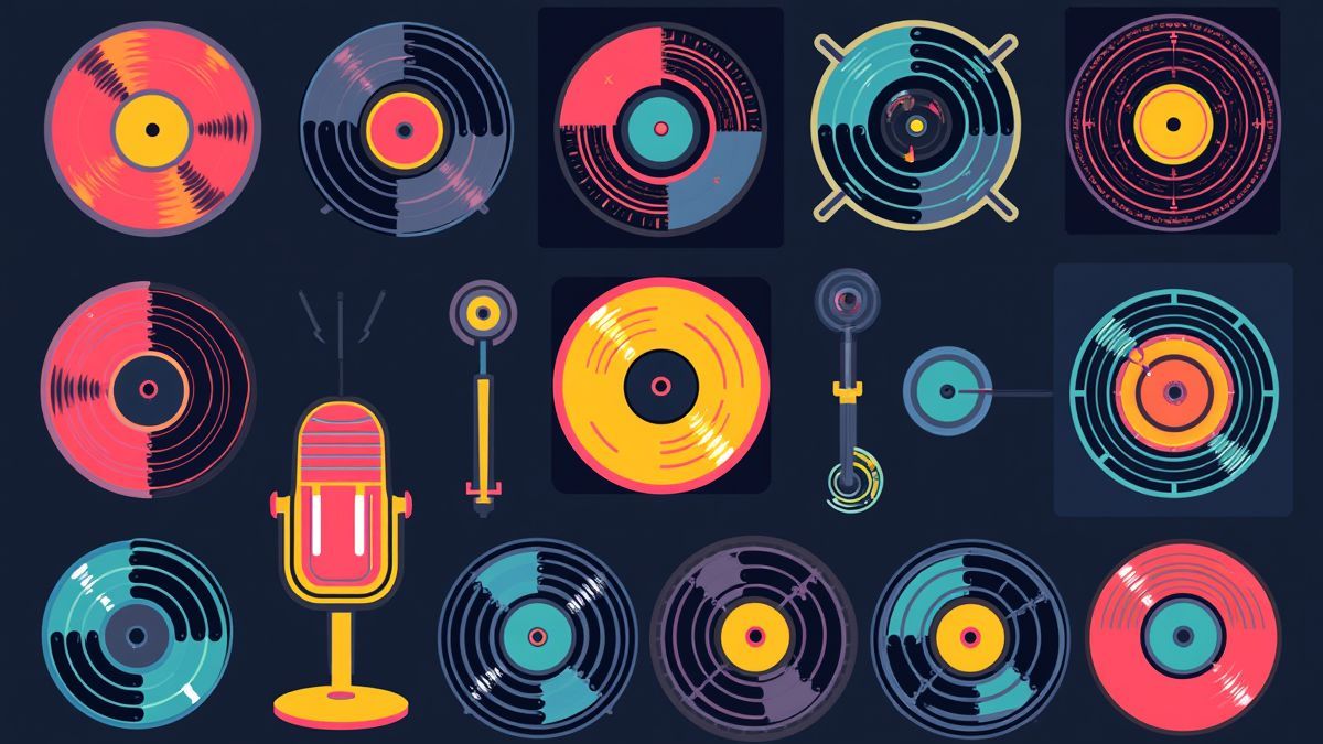 Symbole wie Schallplatten und Mikrofone im Retro-Stil.