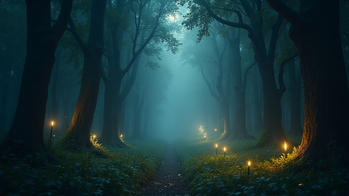 Bosque encantado iluminado por luces místicas.