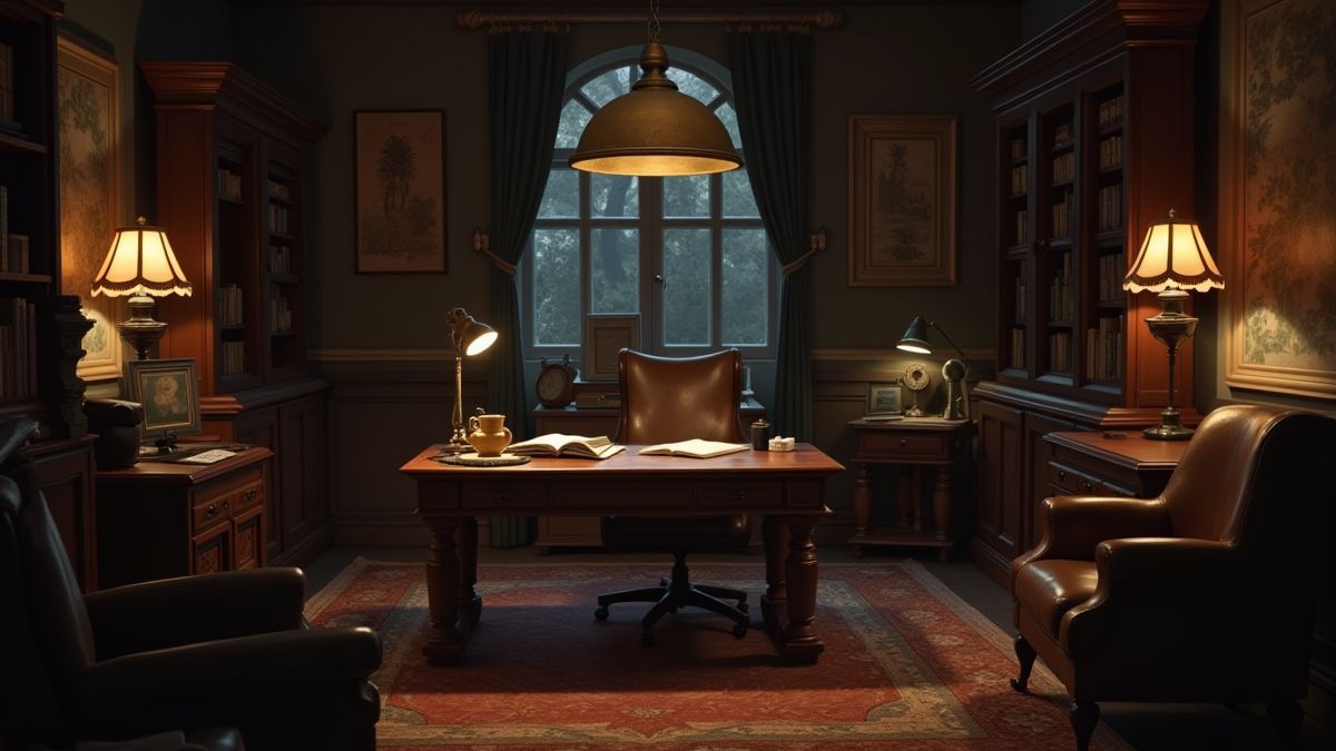 Detective office with vintage furniture and a mysterious atmosphere.