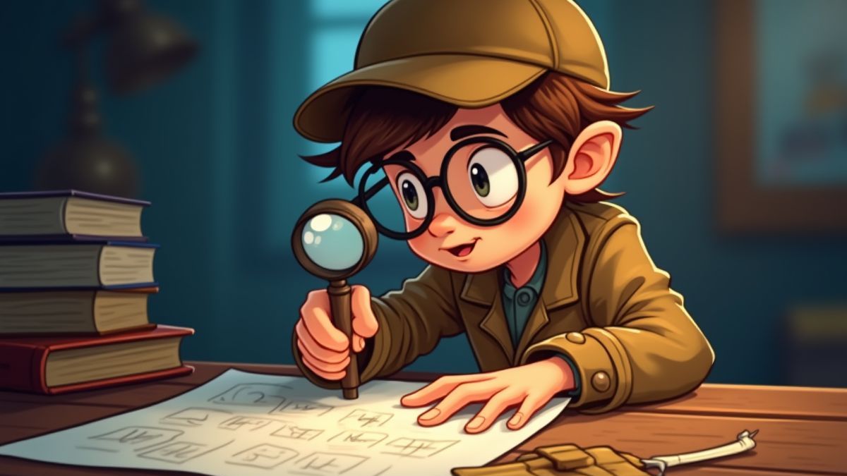 Detective investigating clues on a wooden desk.