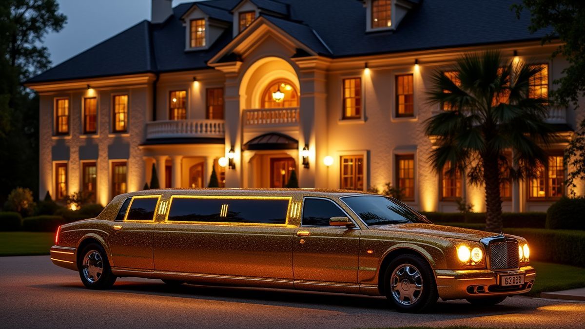 Gouden limousine voor een verlichte villa.