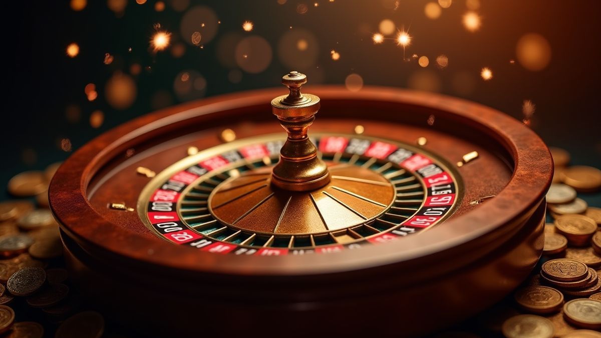 Draaiende roulettewiel omringd door sprankelende munten.