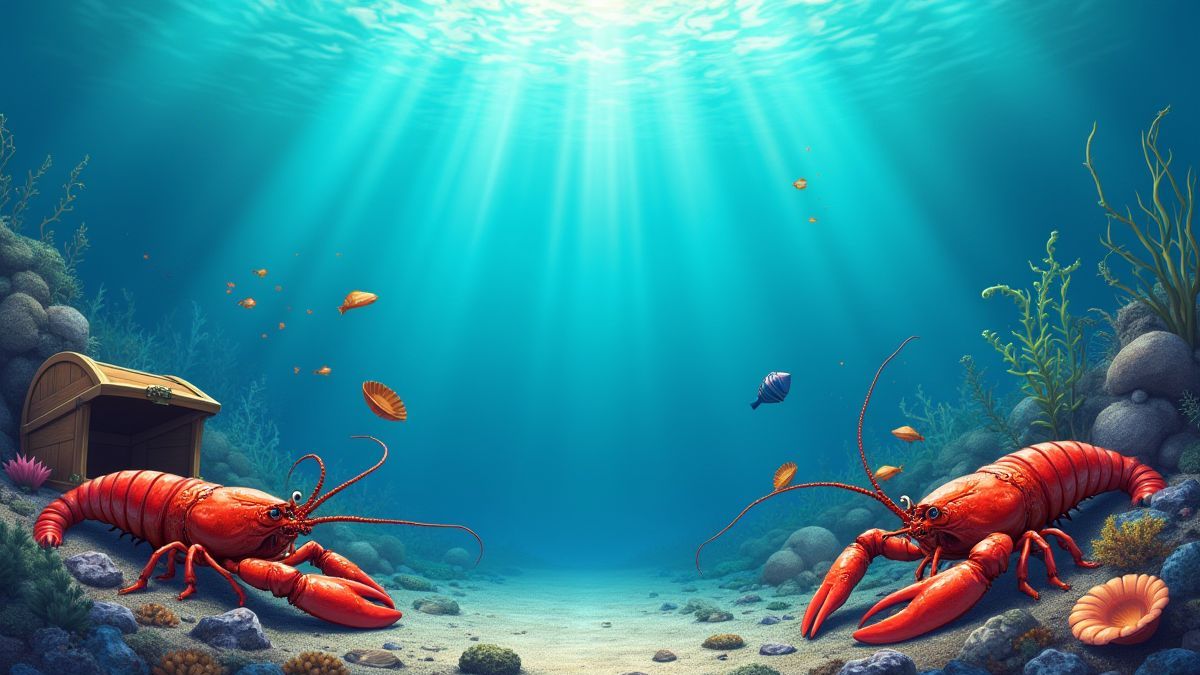 Escena submarina colorida con cangrejos, almejas y cofres del tesoro.